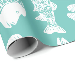 Papier Cadeau Poisson à motif floral blanc marine