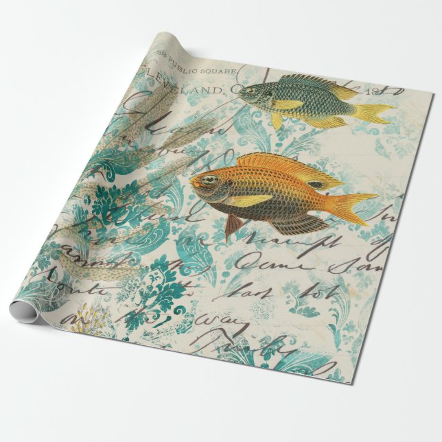 Papier Cadeau Poisson et algues avec écriture (Déroulé)