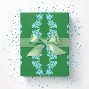 Papier Cadeau Poisson Koi Chinoiserie Ogee en vert et aqua