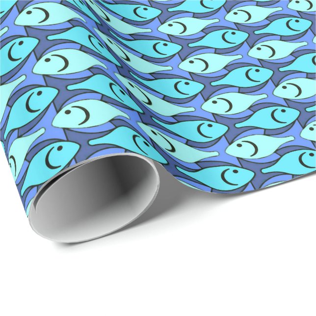 Papier Cadeau Poisson moderne du milieu du siècle, bleu et aqua (Coin rond)