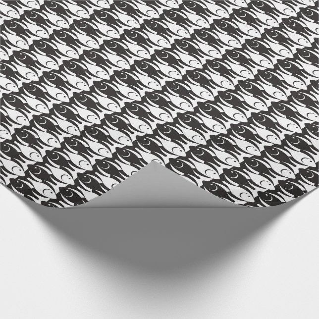 Papier Cadeau Poisson moderne du milieu du siècle, noir et blanc (Coin)
