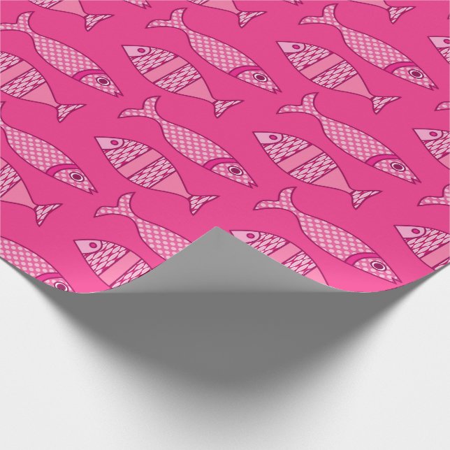 Papier Cadeau Poisson Moderne Rétro, Fuchsia, Rose Clair, Rose P (Coin)