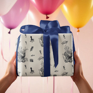 Papier Cadeau Poisson sous-marin Corail Hippocampe Pieuvre Tortu