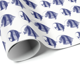 Papier Cadeau Poisson vintage Tropical Dessin Bleu Barré