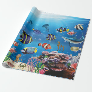 Papier Cadeau Poissons tropicaux nageant Fond