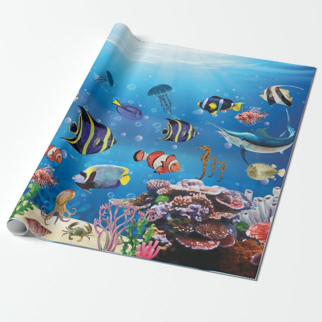 Papier Cadeau Poissons tropicaux nageant Fond (Déroulé)