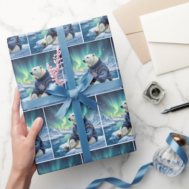 Papier Cadeau Polar Bear Sitting Under Northern Lights (Cadeaux)