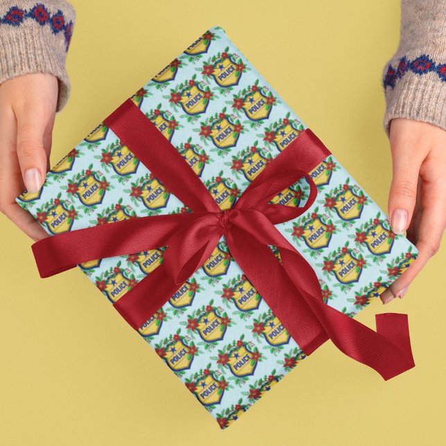 Papier Cadeau Police Shield with Poinsettia Christmas (Créateur téléchargé)