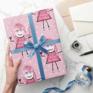 Papier Cadeau Polka Dot Anniversaire Stick Girl Avec Vin