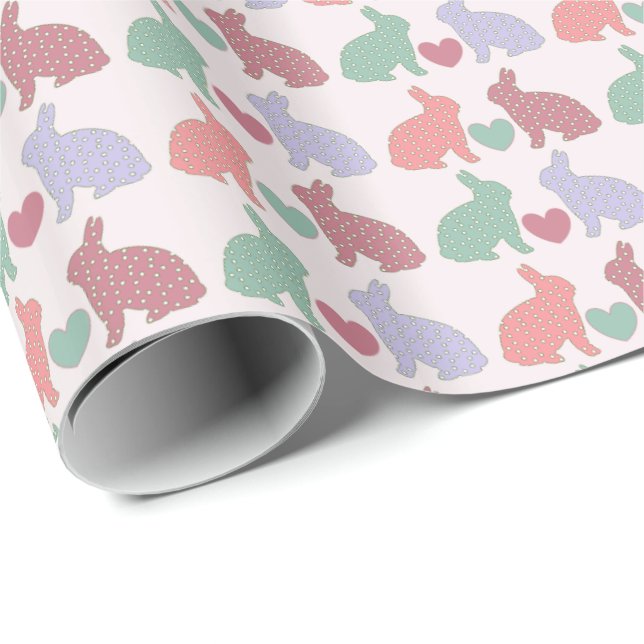 Papier Cadeau Polka Dot Bunnies et Coeurs Motif sur rose (Coin rond)