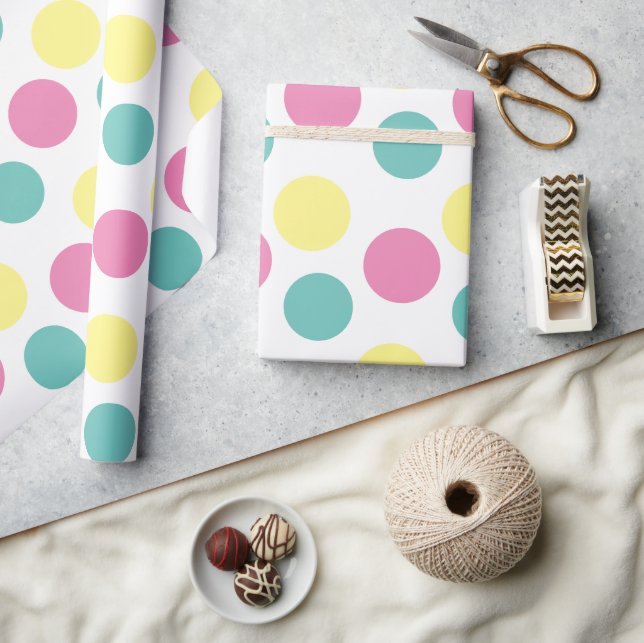 Papier Cadeau Polka moderne Pot rose Jaune Aqua Party (Artisanat)