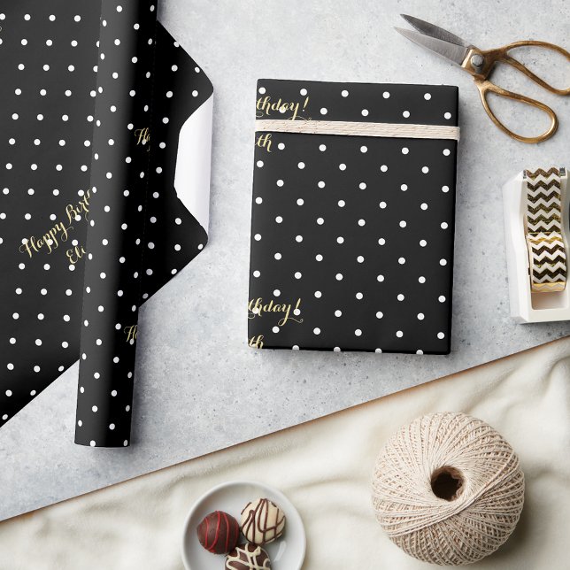 Papier Cadeau Polka noir et blanc personnalisé - Script Gold (Custom Black and White Polka Dot Faux Gold Script Wrapping Paper)