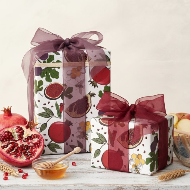 Papier Cadeau Pomegranates, Figs and Honey Bees (Pretty Botanical Pomegranate Fruit, Figs, Honey Bees, Honeycomb Wrapping Paper. Jewish Rosh Hashanah)