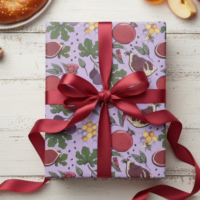 Papier Cadeau Pomegranates, Figs and Honey Bees Purple (Purple and Red Jewish Rosh Hashanah Gift Wrap. Elegant Pomegranate & Fig Fruit & Honey Bees Pattern)