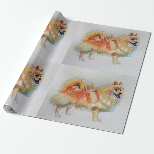 Papier Cadeau Poméranie Allemande Spitz Dog Aquarelle Enveloppem (Déroulé)