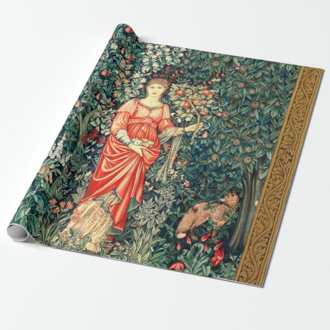 PAPIER CADEAU POMONA TENANT DES FRUITS EN VERDURE, ANIMAUX FORES (Déroulé)