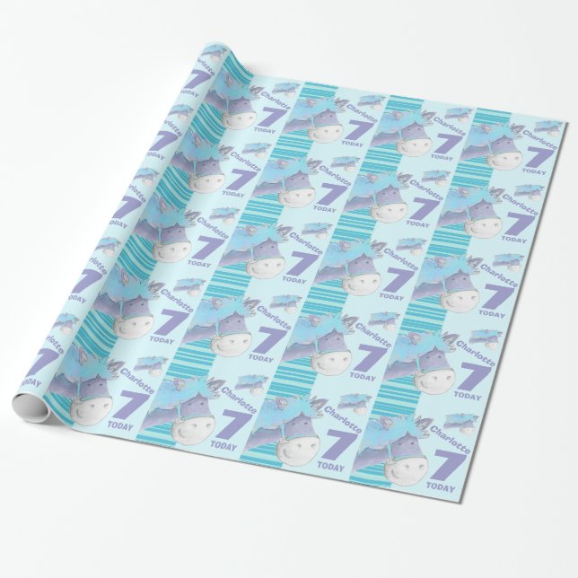 Papier Cadeau Pony horse kids 7e anniversaire bleu strié envelop (Déroulé)