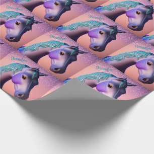 Papier Cadeau Pony magique en violet et Turquoise avec nom perso