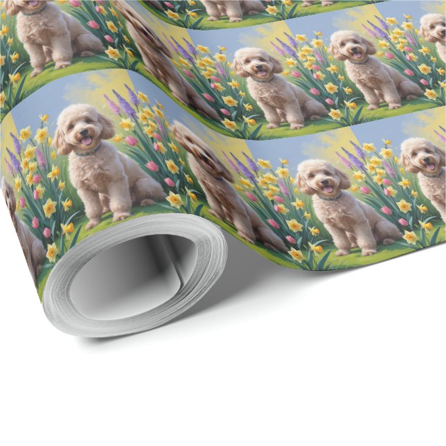 Papier Cadeau Poodle Chien Fleurs de printemps Peinture (Coin rond)