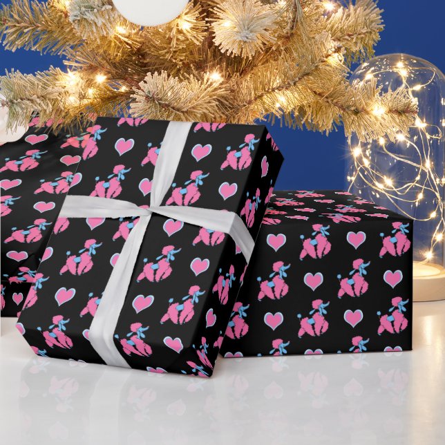 Papier Cadeau Poodles et Coeurs roses et bleus sur Noir (Vacances)