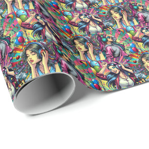 Papier Cadeau Pop Art Girl Dancing Anniversaire Personnalisé
