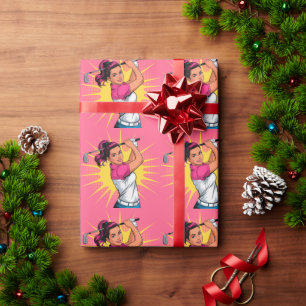 Papier Cadeau Pop Art Girl Golfer fête d'anniversaire