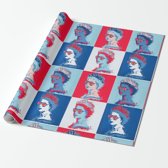 Papier Cadeau Pop art Moderne HM Queen avec lunettes Union Jack  (Déroulé)