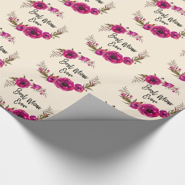 Papier Cadeau Poppies florales rose Fuchsia Wreath Meilleure mam (Coin)