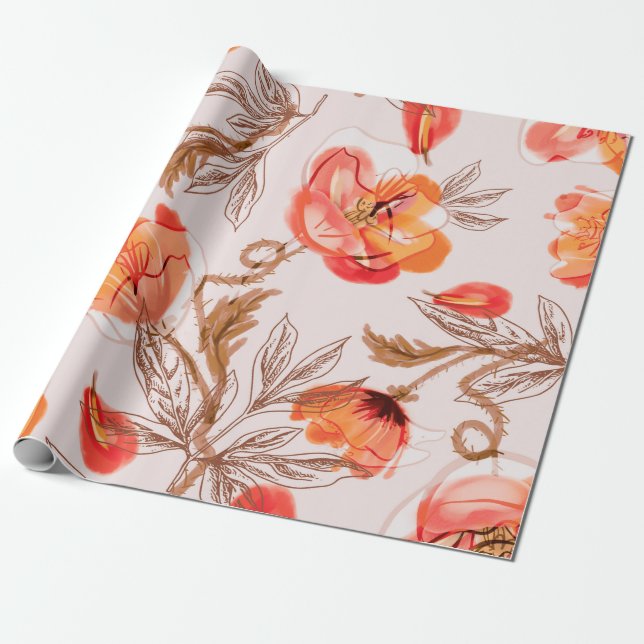 Papier Cadeau Poppies Flowers Seamless Pattern on a Beige Backgr (Déroulé)