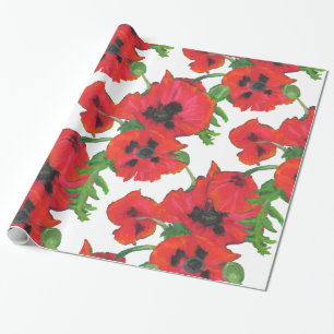 Papier Cadeau Poppies orientales rouges et noires Motif en blanc