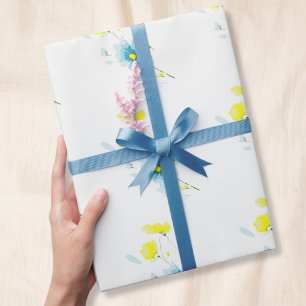 Papier Cadeau Poppies rustiques simples bleues jaunes aquarelles