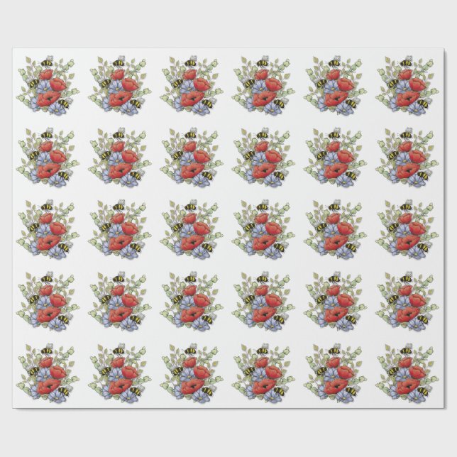 Papier Cadeau Poppy Flowers and Bees Digital Drawing, Botanical  (Plat)