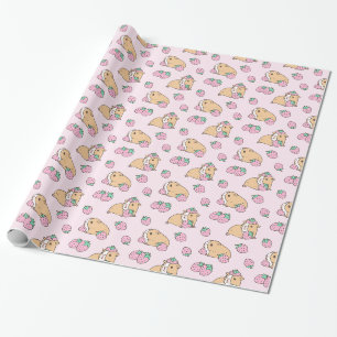 Papier Cadeau Porc de Guinée rose et Motif aux fraises