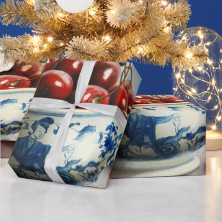 Papier Cadeau Porcelaine Bleue & Cerises