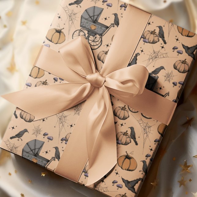 Papier Cadeau Porte-bébé gothique orange Halloween (Hand-Drawn Victorian Baby Carriages, Pumpkins, Witch Hats, Crows, Spiderwebs and Tiny Mushrooms.)