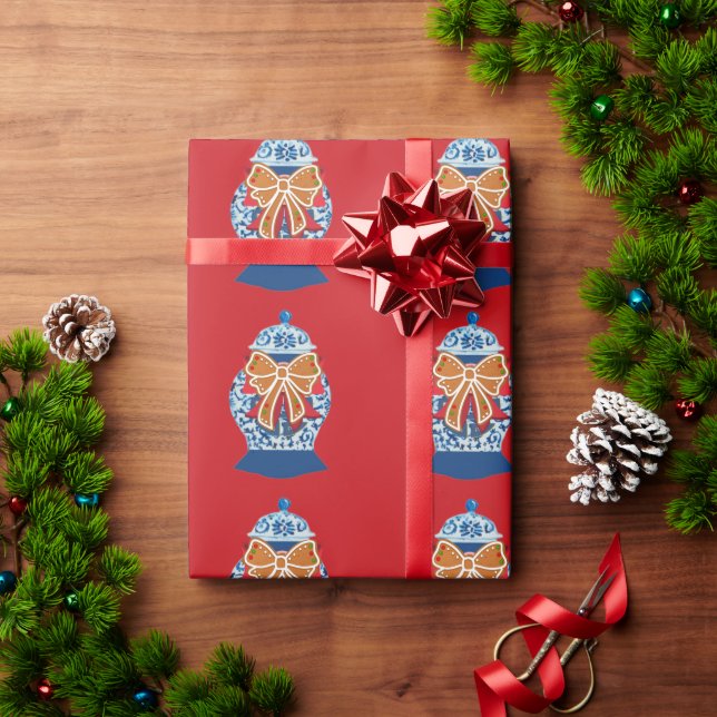 Papier Cadeau Pot à gingembre bleu de Noël     (Cadeau de vacances)