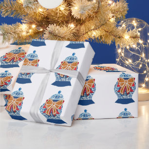 Papier Cadeau Pot à gingembre bleu de Noël    