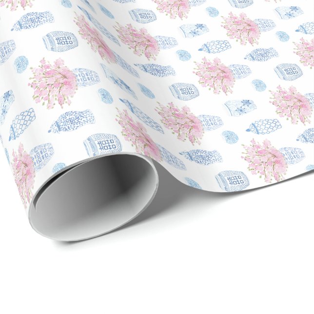 Papier Cadeau Poterie chinoise Preppy Pink Blue Ginger Jar (Coin rond)