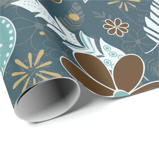 Papier Cadeau poudle paislies plumes fleurs boho motif turquoise (Coin rond)