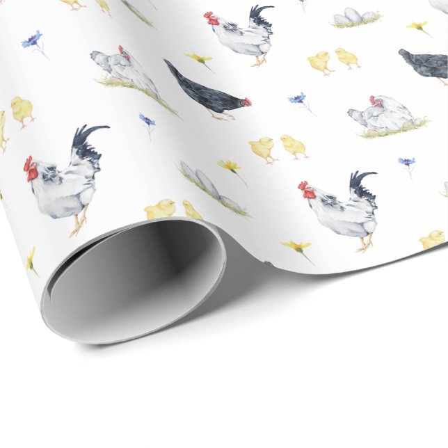 Papier Cadeau Poules, coqs et poussins d'aquarelle de style agri (Coin rond)