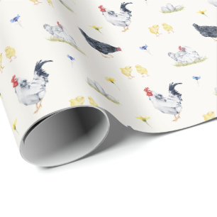 Papier Cadeau Poules, coqs et poussins d'aquarelle de style agri