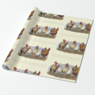 Papier Cadeau Poules et coqs, poulet, volaille