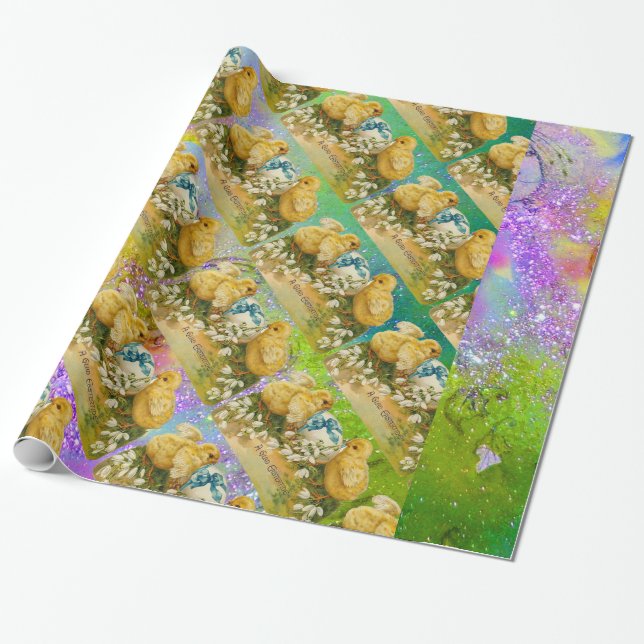 Papier Cadeau POULET, OEUF DE PÂQUES DE NEIGE, BOIS BLEU, Violet (Déroulé)