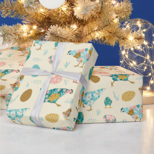 Papier Cadeau Poulets Abstraits et oeufs de Pâques Motif sans so
