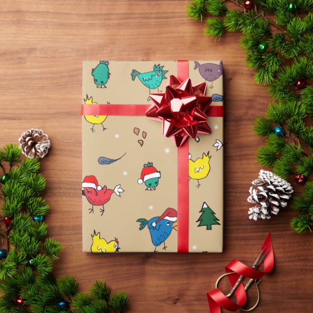Papier Cadeau Poulets de Noël or clair (Cadeau de vacances)