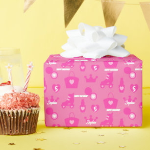 Papier Cadeau Poupée rose fête d'anniversaire, âge personnalisé,