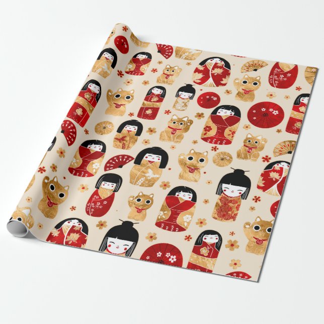 Papier Cadeau Poupées japonaises - Chats Kokeshi et Maneki Neko (Déroulé)