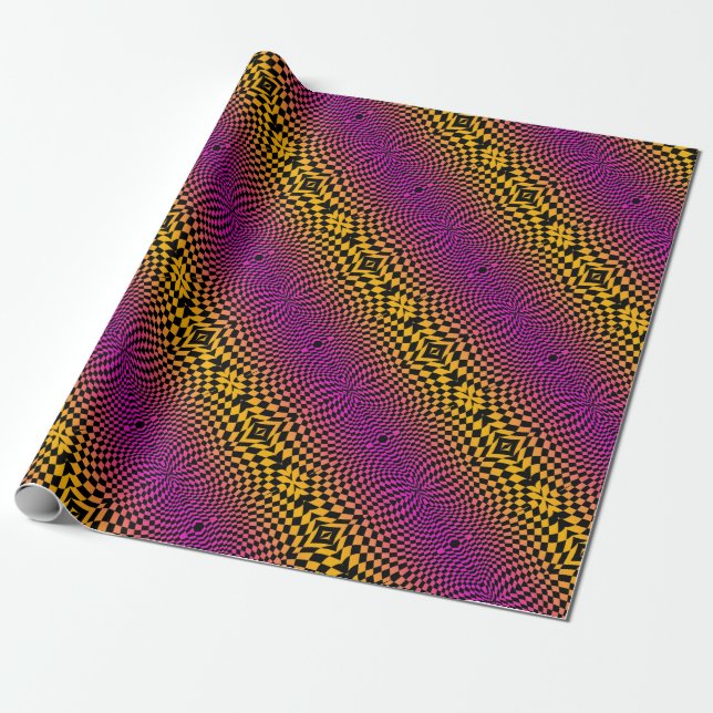 Papier Cadeau Pourpre instantané, or et noir d'Op-Art (Déroulé)