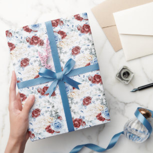 Papier Cadeau Poussière botanique florale bleu poussiéreux et ro