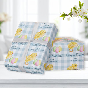 Papier Cadeau Poussin et œufs pastel Joyuses Pâques Gingham bleu